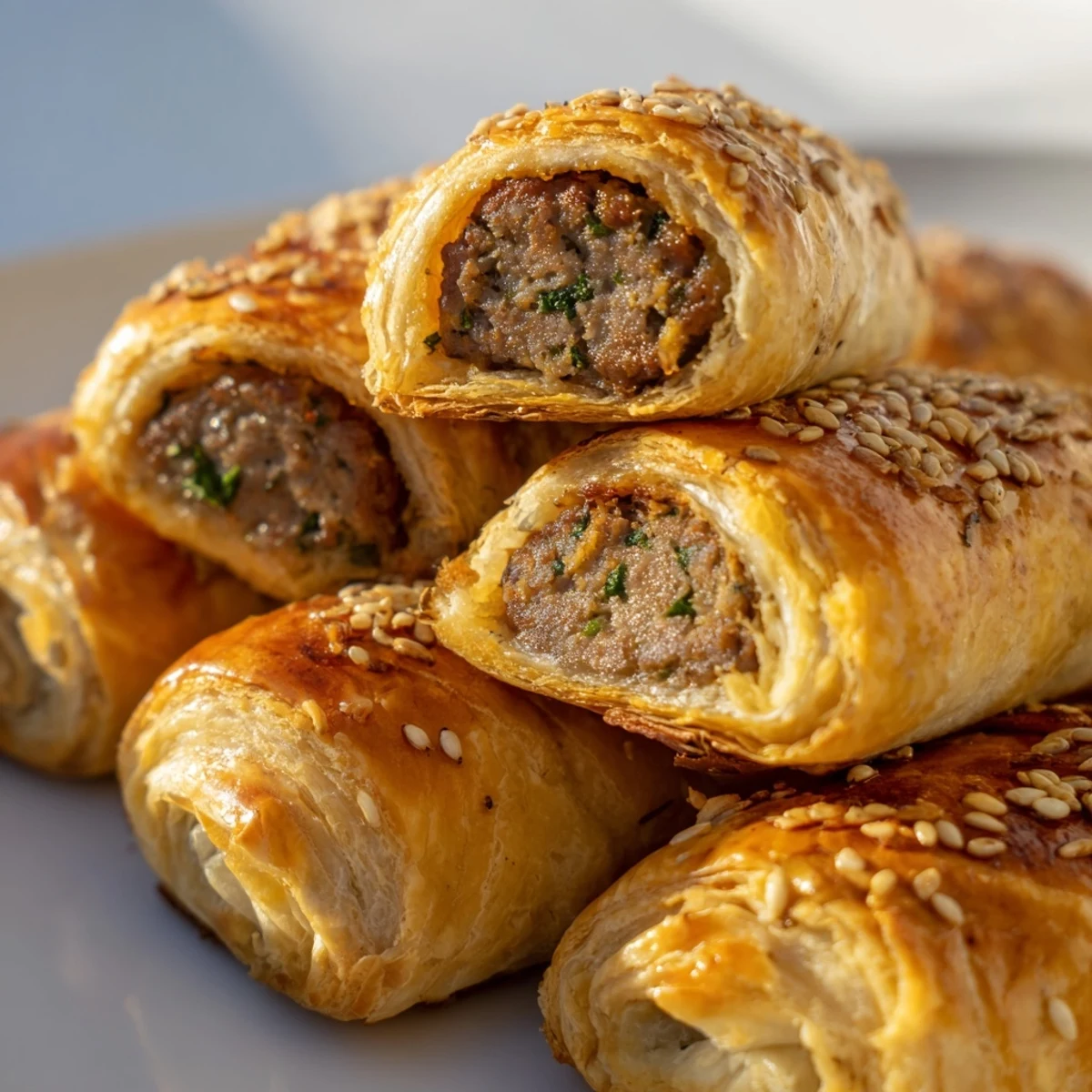 Freshly baked Game Day Sausage Rolls with golden pastry, sesame seeds, and a side of tangy mustard dip.
