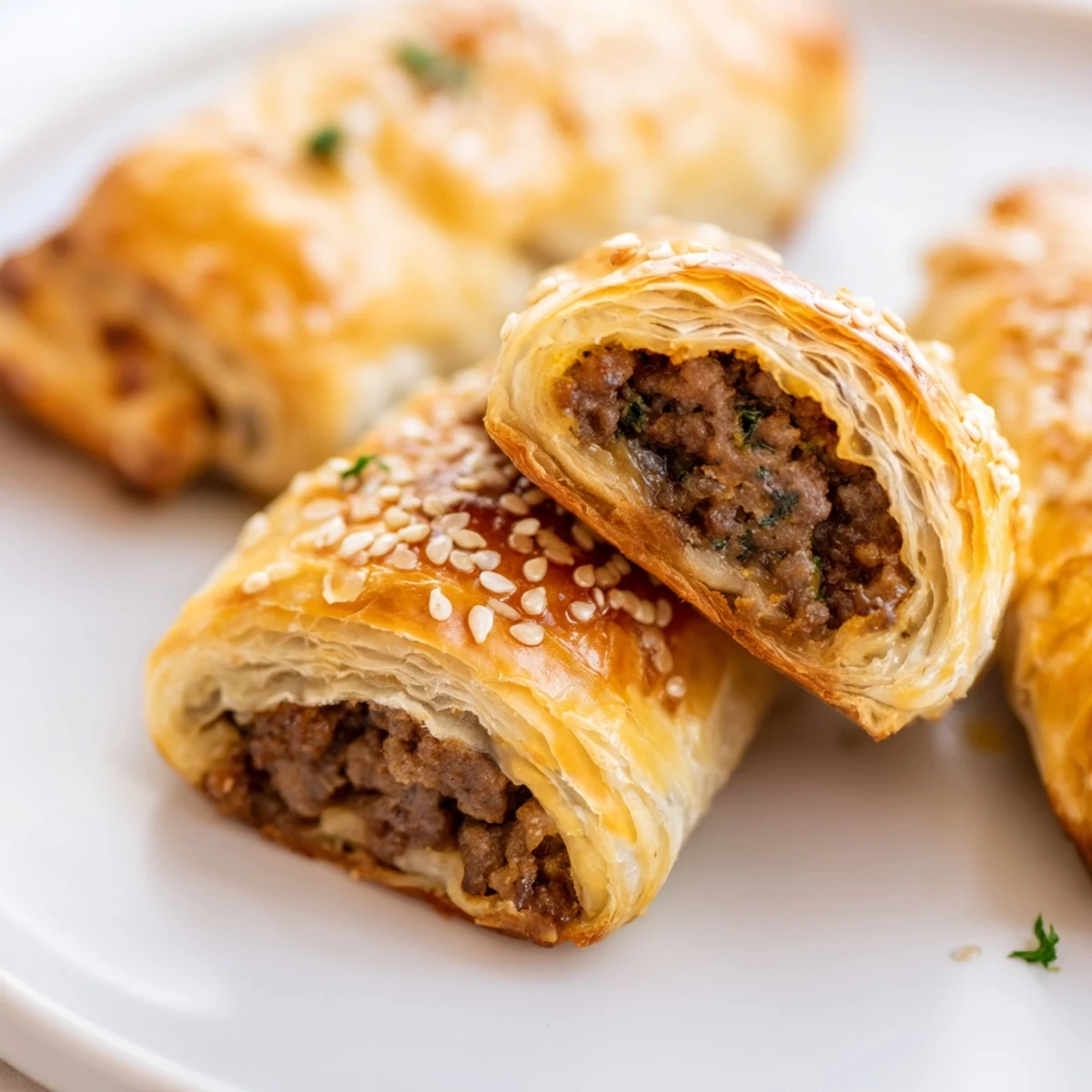 Homemade Game Day Sausage Rolls with seasoned beef filling, wrapped in puff pastry and perfect for a crowd.