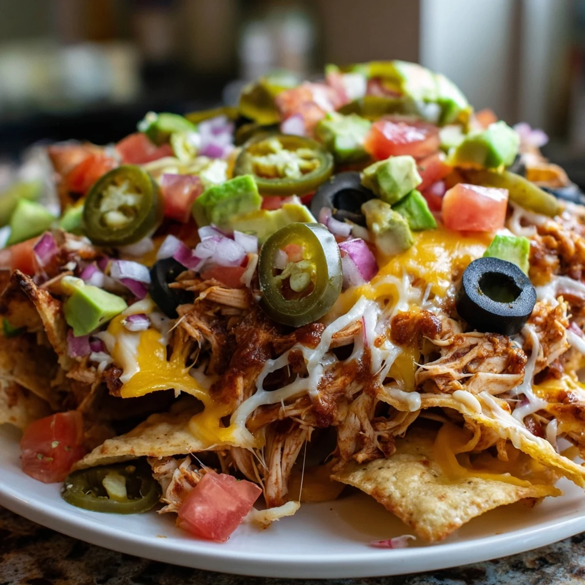 Golden-brown MVP Pulled Chicken Nachos piled high with melted cheddar and Monterey Jack cheese on crispy chips.