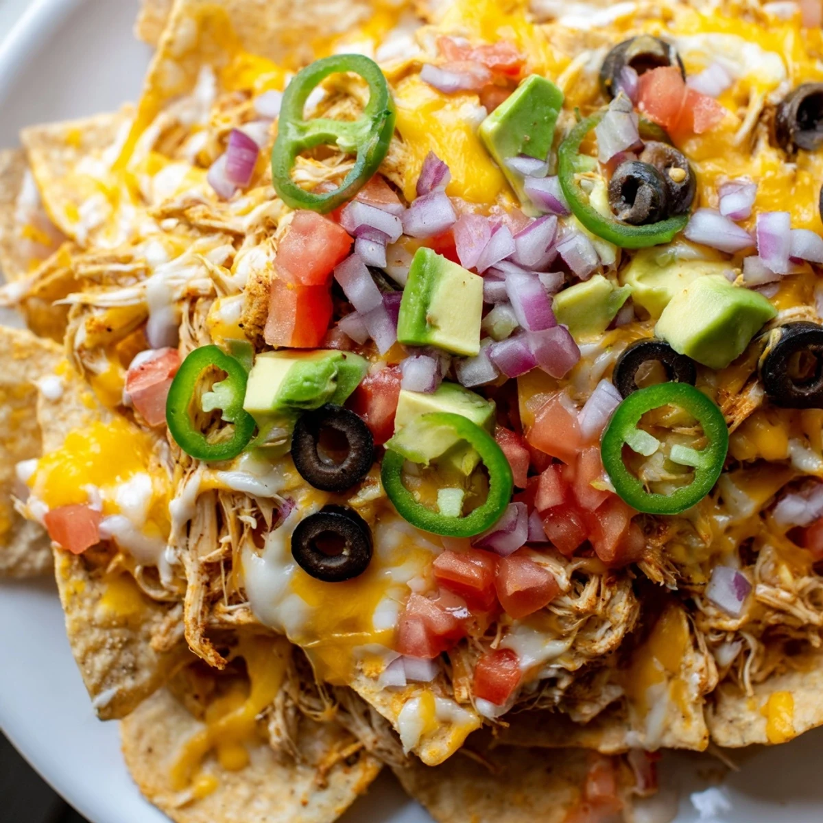 A close-up of MVP Pulled Chicken Nachos topped with fresh avocado, sour cream, and spicy jalapeños.