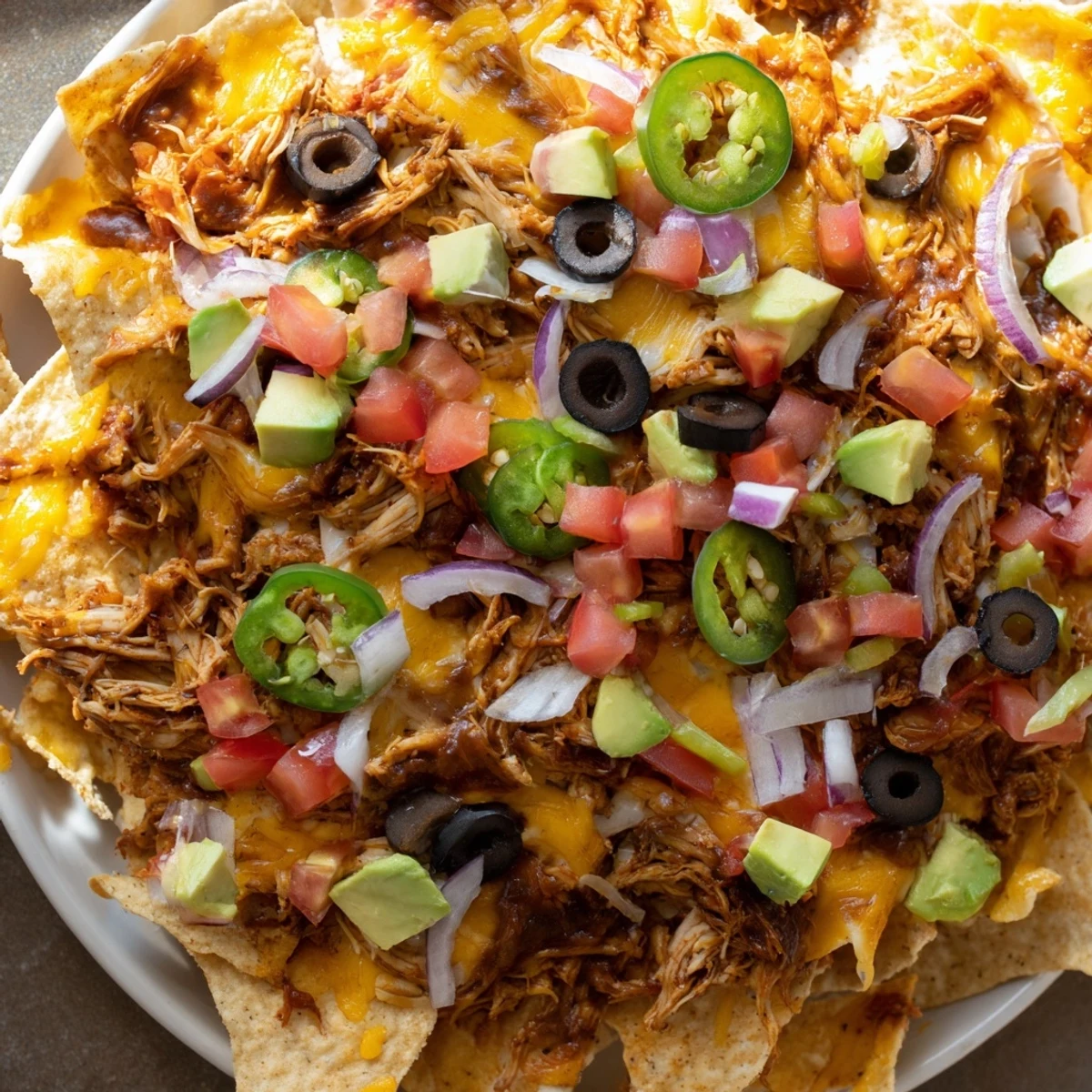 Freshly baked MVP Pulled Chicken Nachos featuring tender shredded chicken, black olives, and vibrant red onions and cilantro.