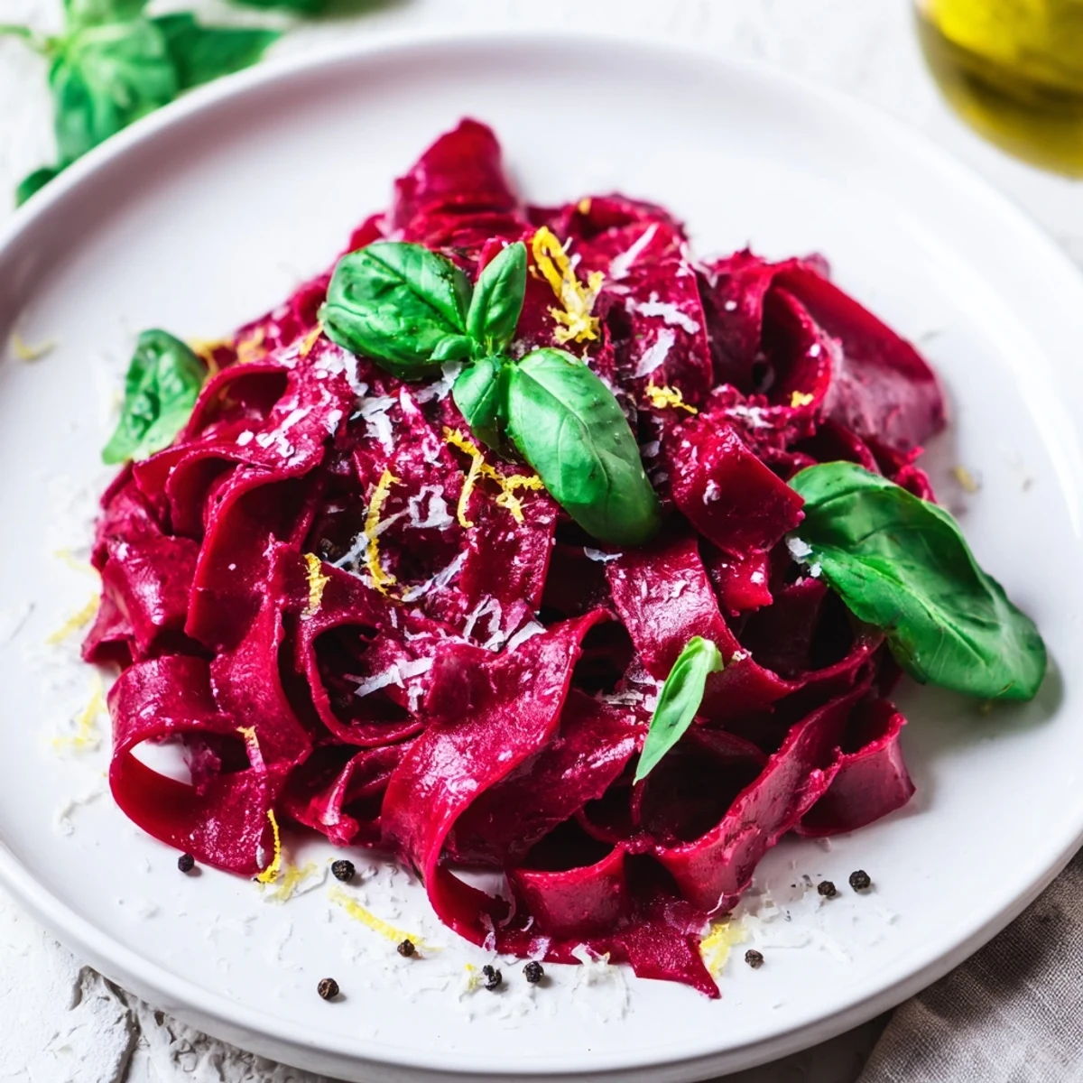 Valentine Pink Pasta with Beet Cream Sauce served in a white bowl, highlighting the vibrant pink color and silky texture.  