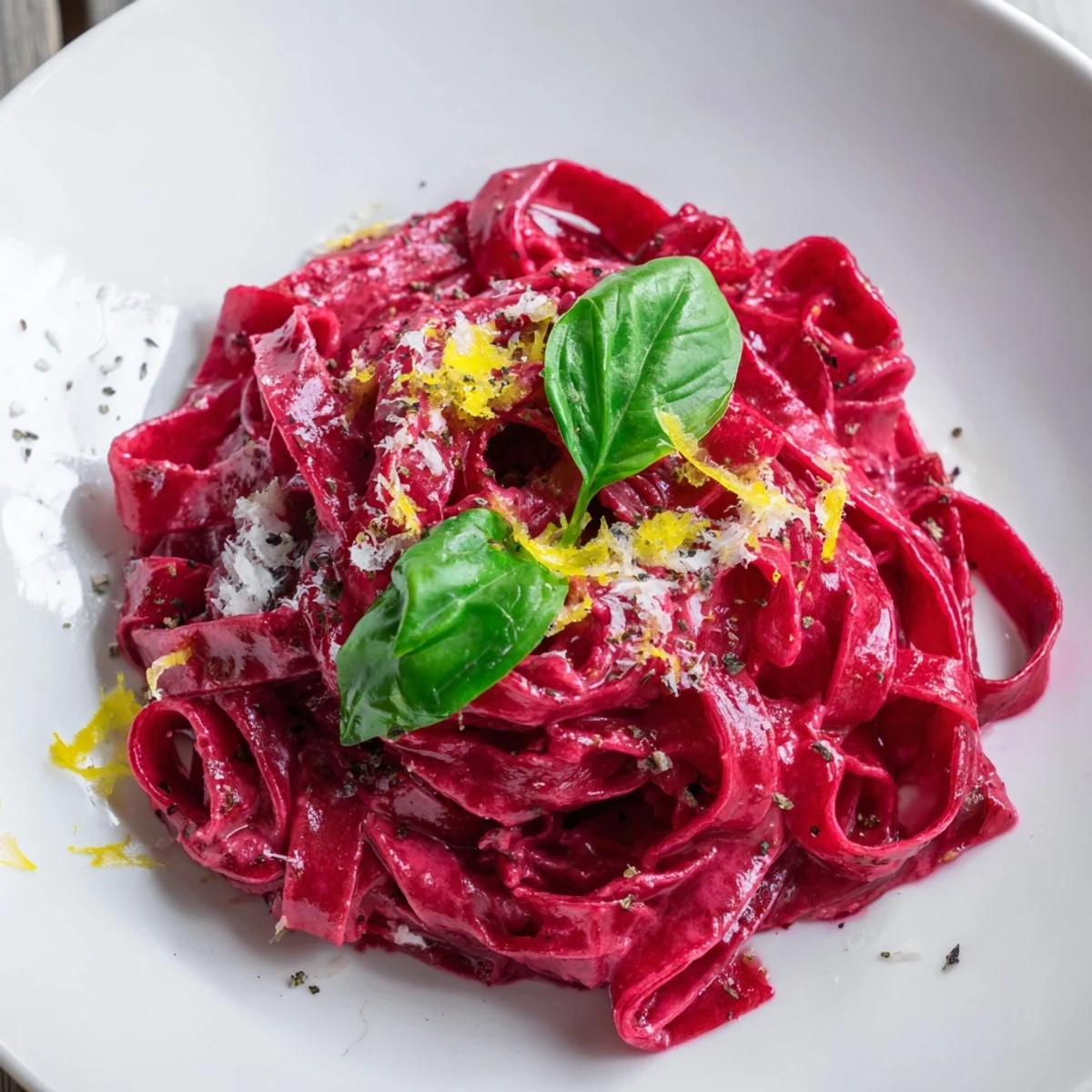 A close-up of Valentine Pink Pasta with Beet Cream Sauce, garnished with fresh basil and cracked black pepper on a rustic plate.  