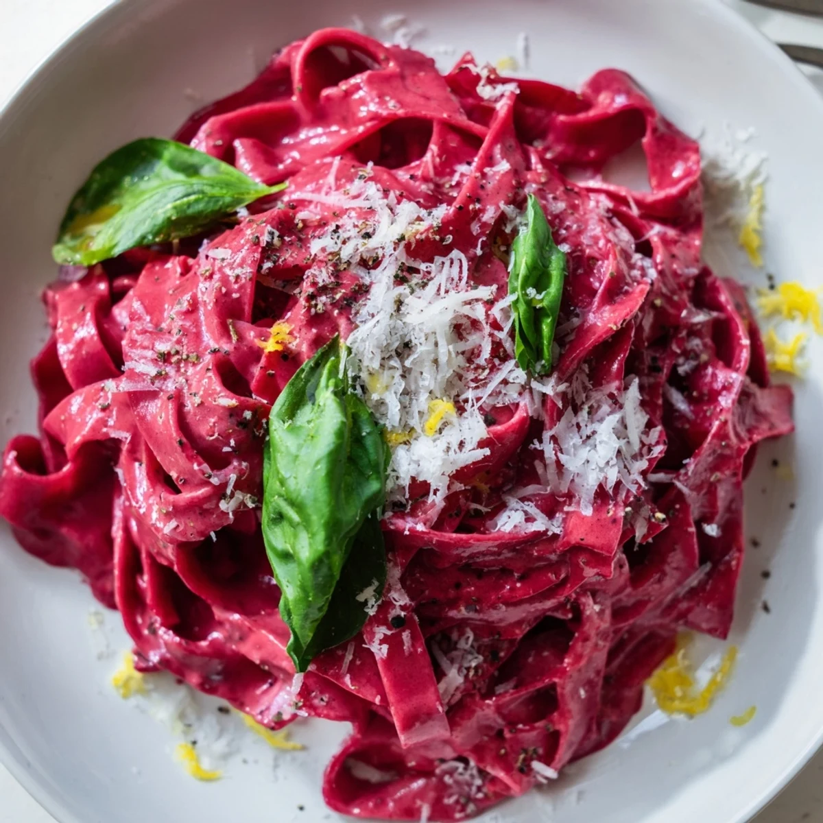 Overhead view of Valentine Pink Pasta with Beet Cream Sauce, topped with grated Parmesan and a lemon wedge for brightness.