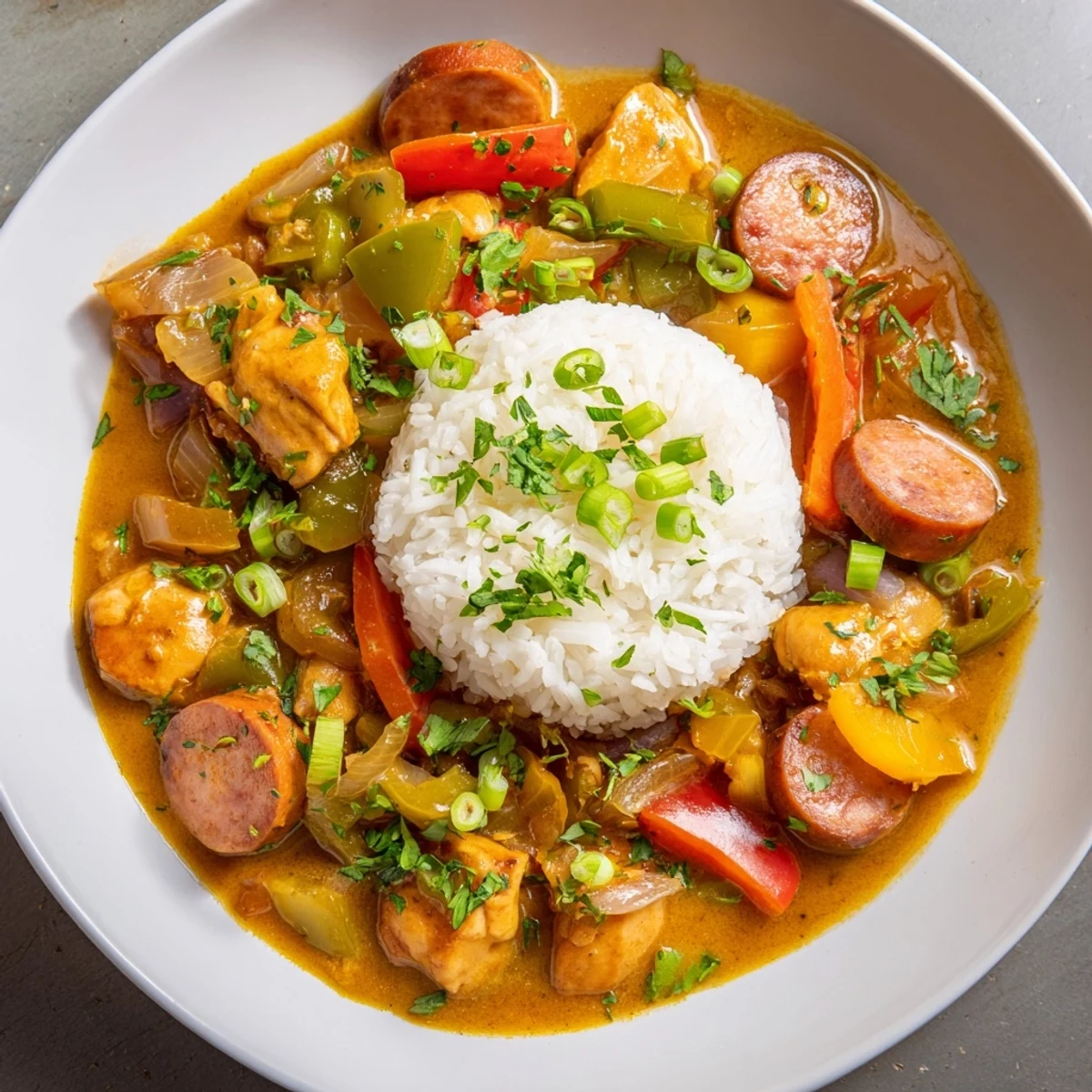 A vibrant Mardi Gras Chicken and Sausage Stew in a rustic bowl, featuring colorful bell peppers, celery, and fresh green onion garnish.  