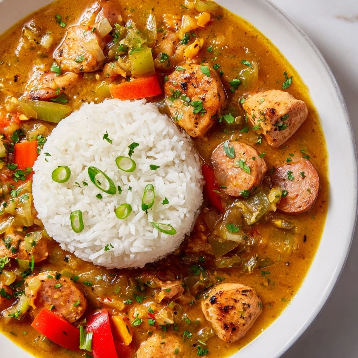 Golden brown Andouille sausage and tender chicken simmer in a rich, spiced Mardi Gras Chicken and Sausage Stew, served over fluffy white rice.  