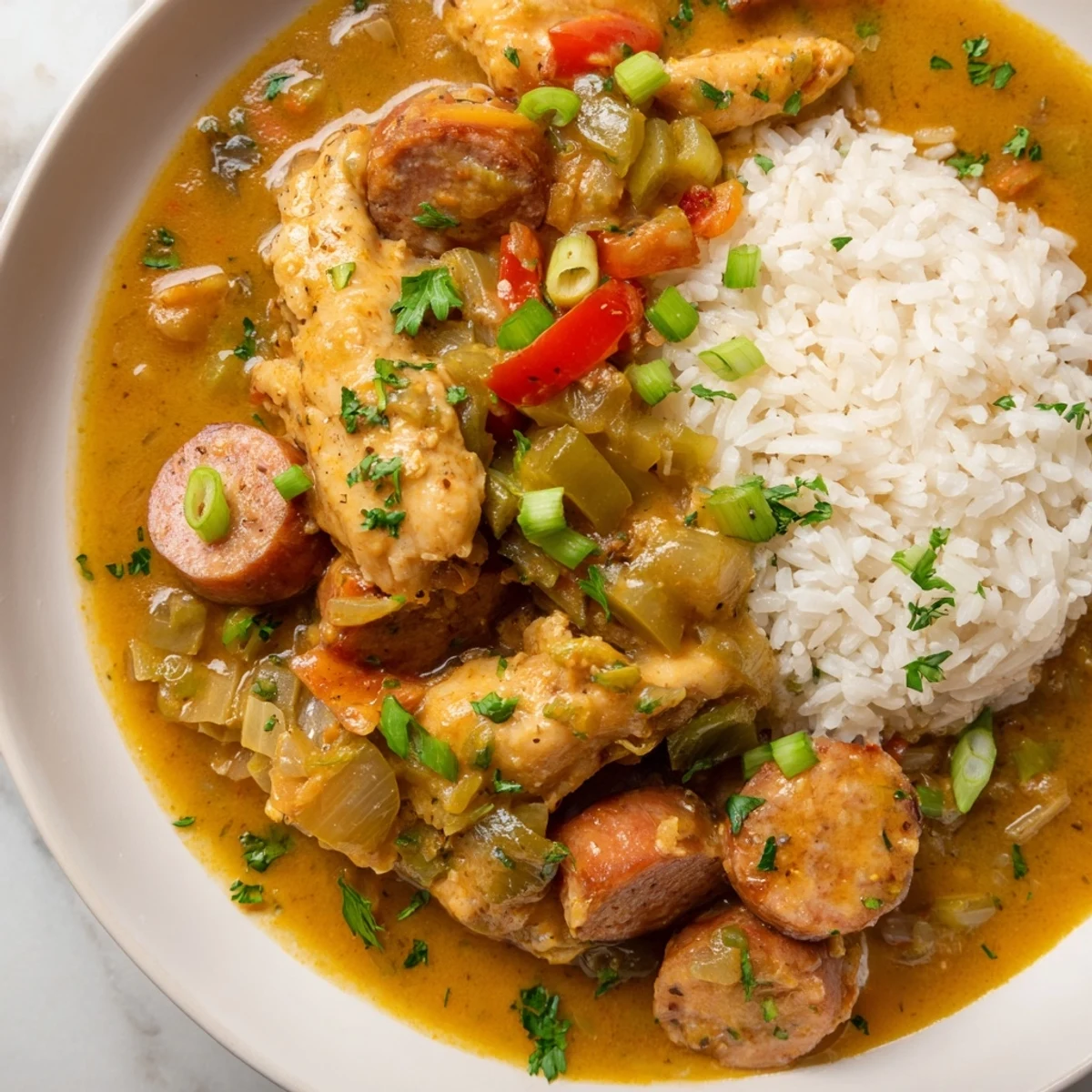 Hearty Mardi Gras Chicken and Sausage Stew with a deep roux base, perfect for a festive Louisiana-inspired main dish dinner.