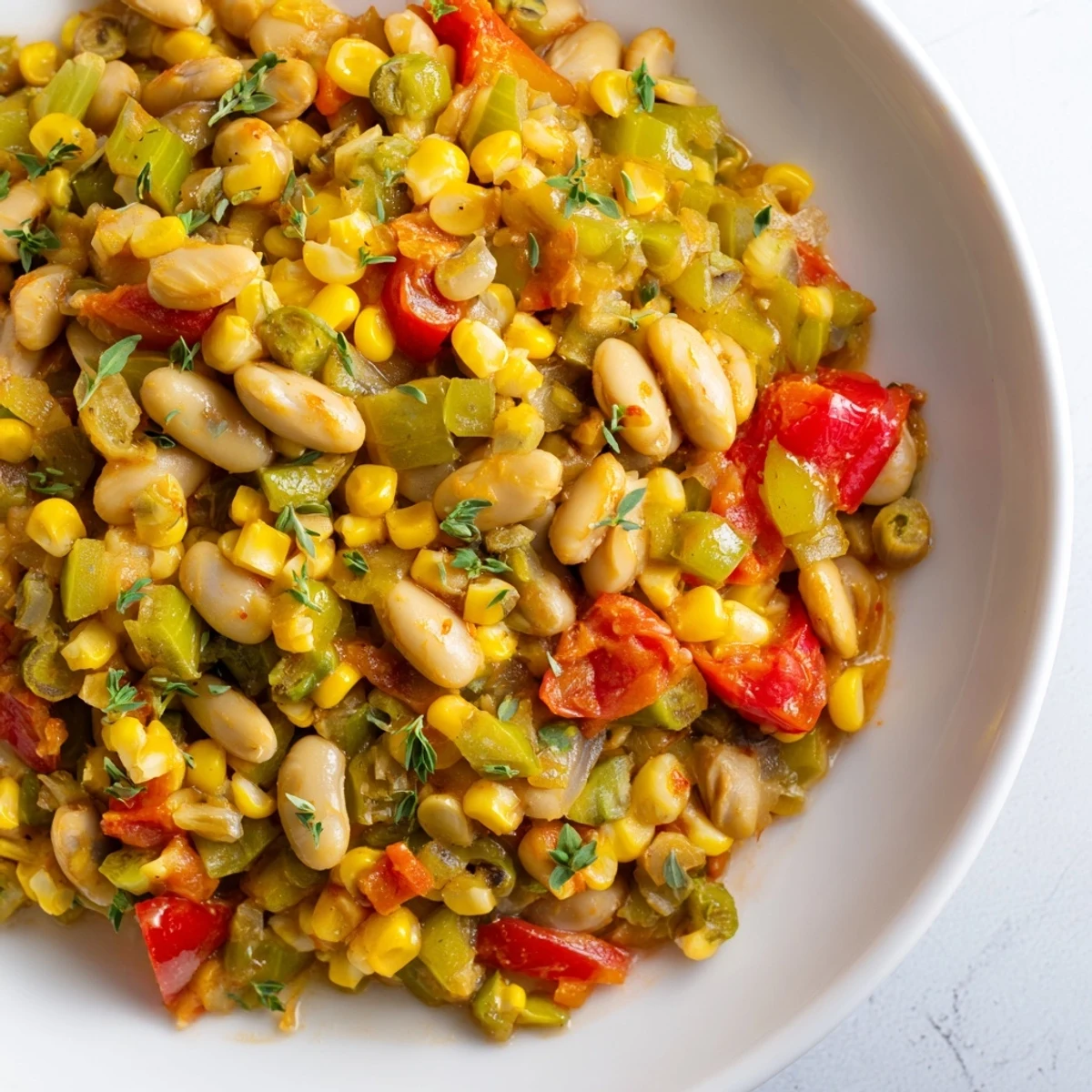 Hearty Creole Succotash served warm in a bowl, garnished with fresh parsley, perfect for a Southern side dish.  