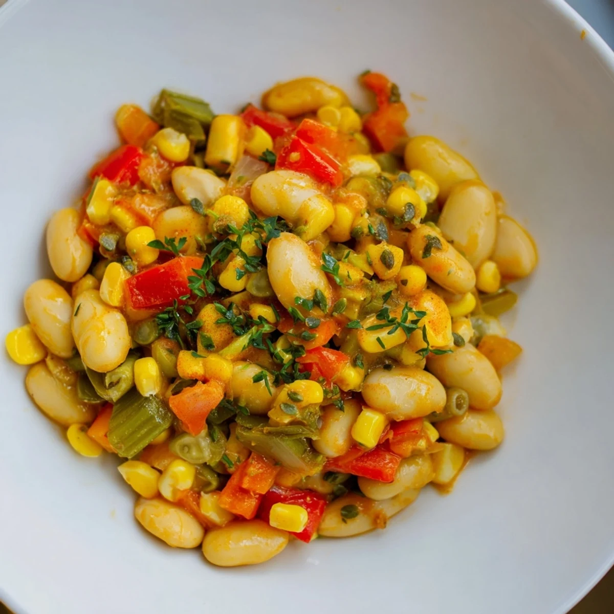 Colorful Creole Succotash with lima beans, corn, and bell peppers simmering in a savory, smoky tomato sauce.