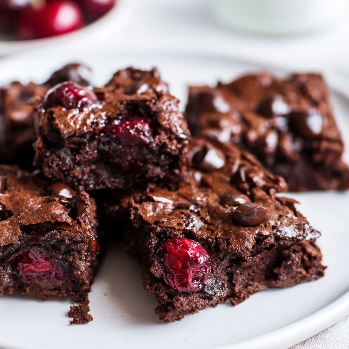 Chocolate Cherry Brownie Bites on a white plate with milk, showcasing fudgy texture and cherry chunks.