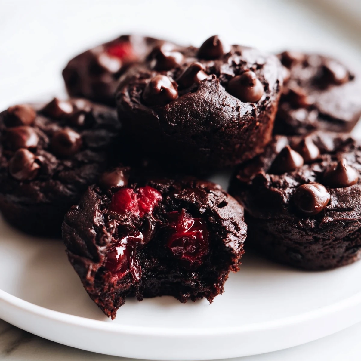 Two chocolate brownies are stacked to show the rich interior of Chocolate Cherry Brownie Bites, with a cherry beside them.