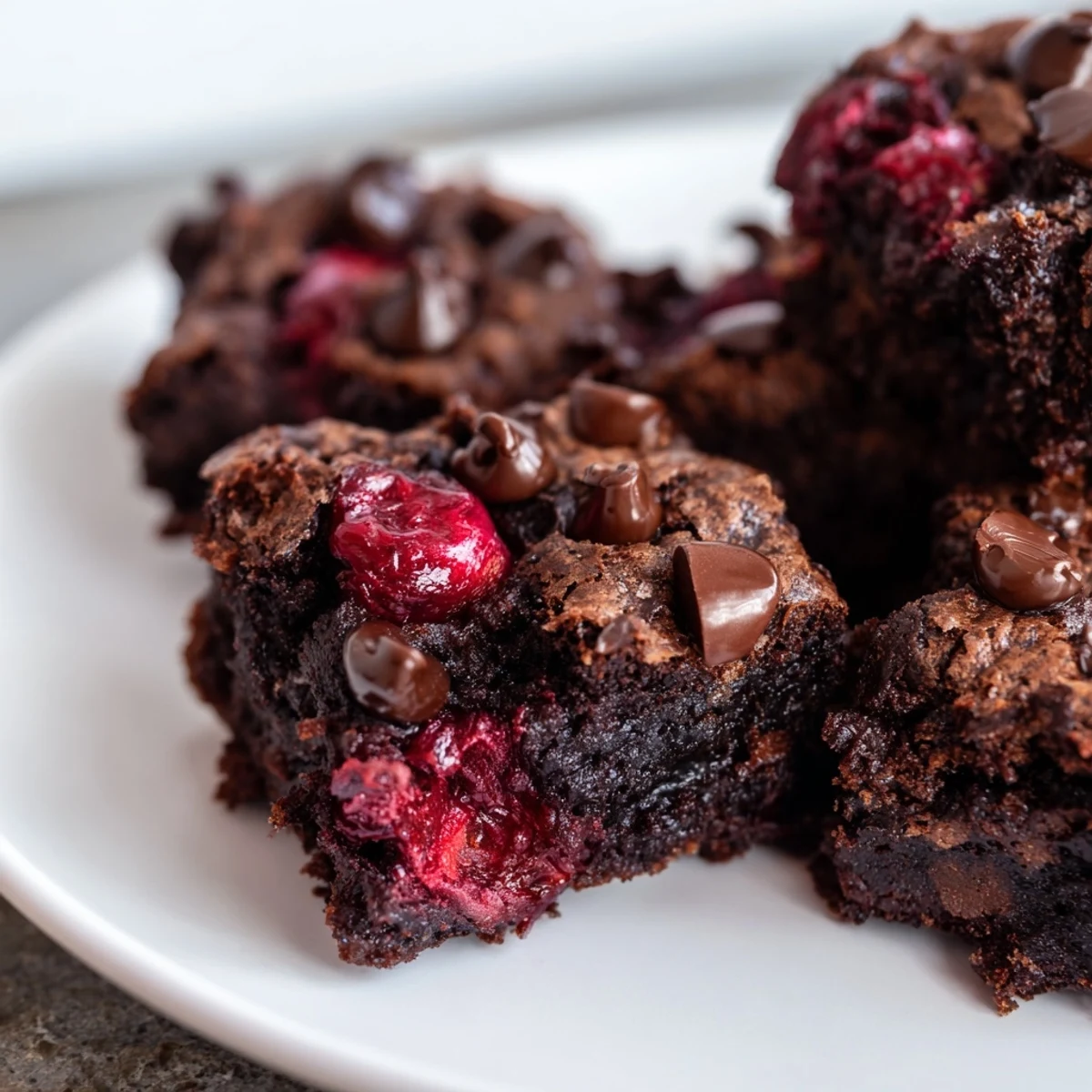 Golden-edged Chocolate Cherry Brownie Bites rest on a cooling rack, dotted with melted dark chocolate chips.