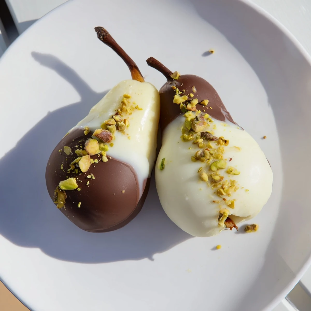 Four ripe pears coated in glossy dark chocolate, garnished with chopped pistachios and white chocolate drizzle on a baking sheet.  