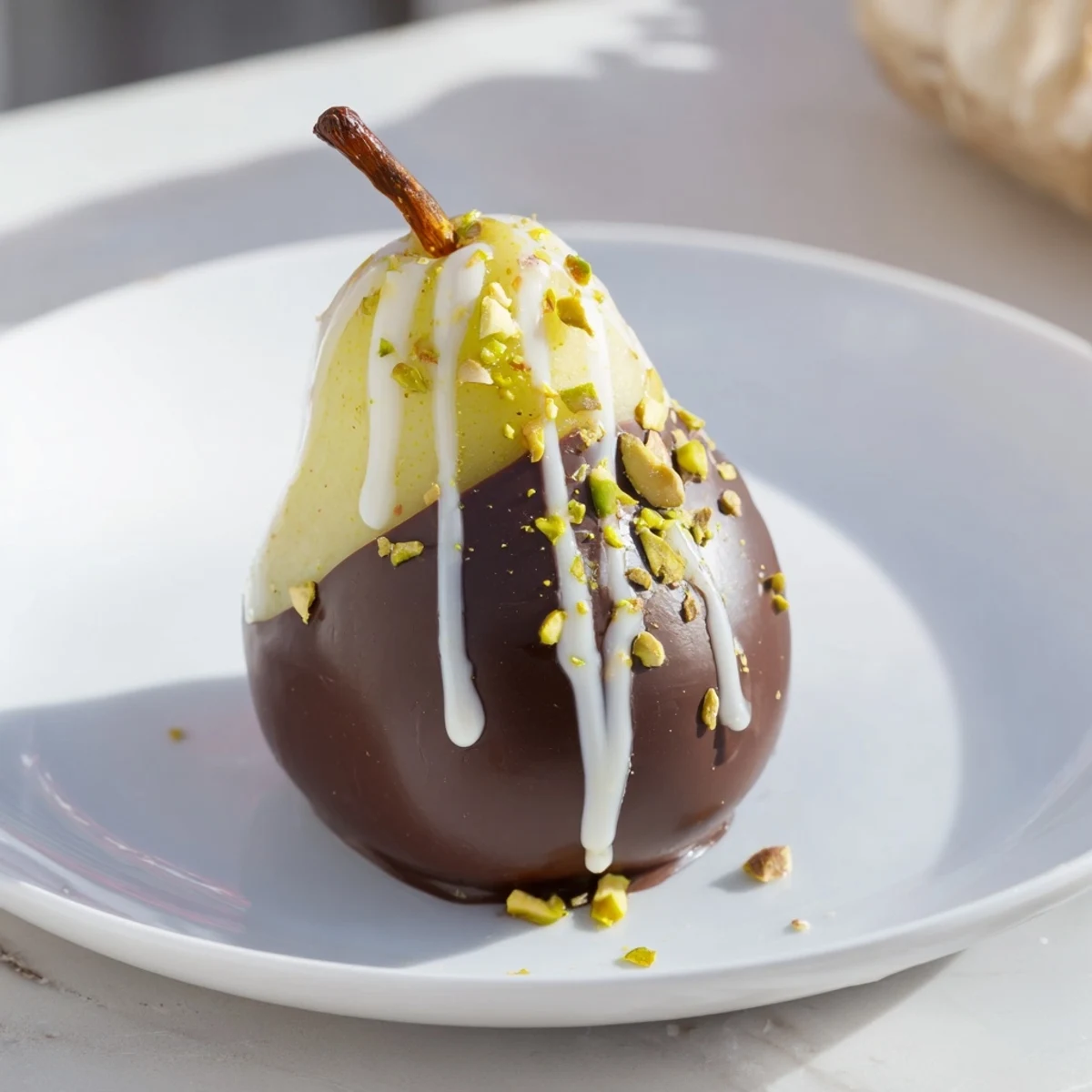 Romantic Chocolate Covered Pears displayed upright with edible rose petals and dried raspberries for an elegant special occasion dessert.  
