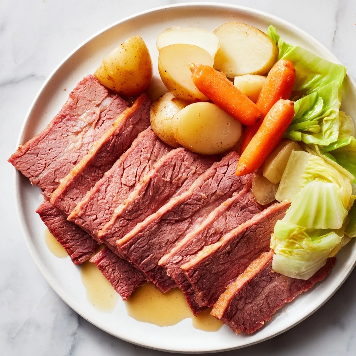 Slow-cooked corned beef brisket with tender cabbage and carrots arranged on a platter with potatoes.  