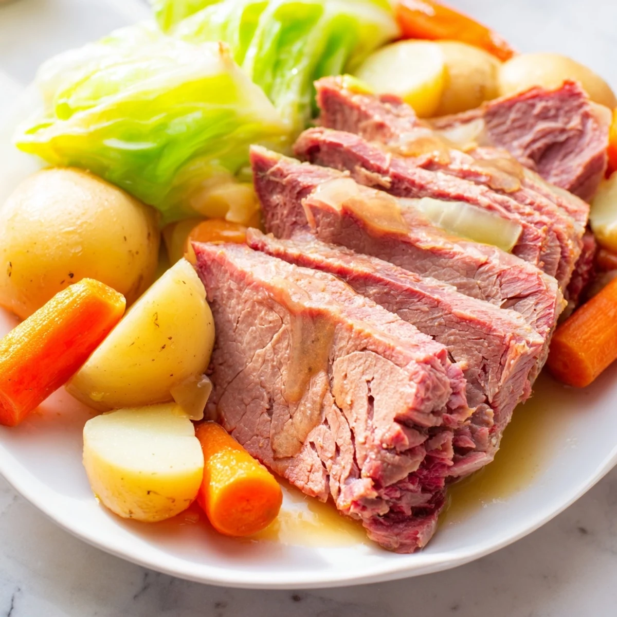 Hearty corned beef brisket with cabbage, potatoes, and carrots slow-cooked to perfection for St. Patrick’s Day.  