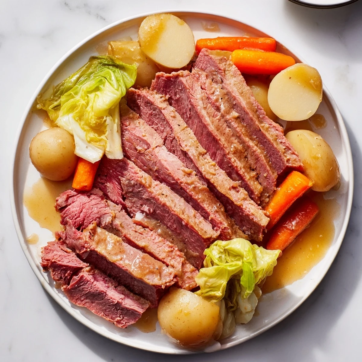 Slice of tender corned beef brisket served with vegetables from the slow cooker, garnished with fresh parsley.