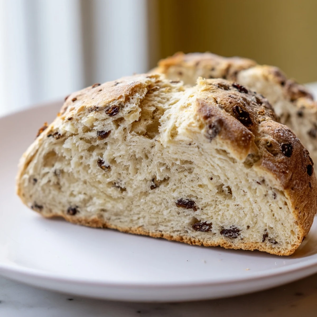 Close-up of Irish Soda Bread with Currants and Caraway, highlighting the crusty top and speckled, fruity crumb.