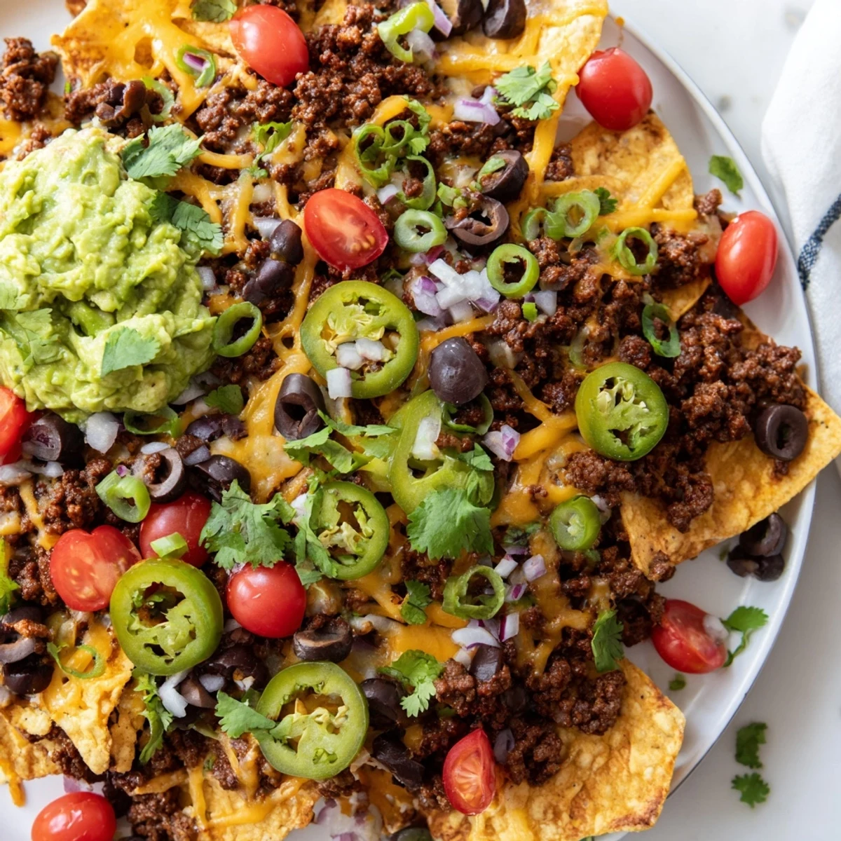 Crispy tortilla chips loaded with spiced ground beef, melted cheddar, and Monterey Jack cheese, topped with fresh tomatoes and pickled jalapeños, served with creamy guacamole.  