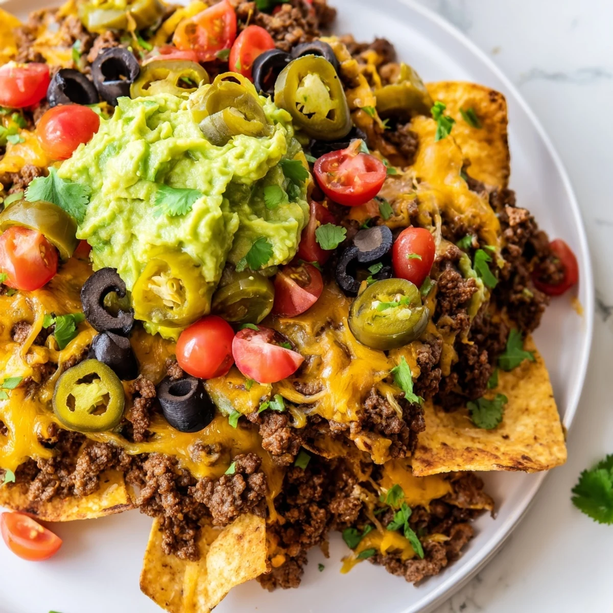 Golden-brown nachos supreme featuring seasoned beef, bubbling cheese, black beans, and olives, finished with a scoop of homemade guacamole and cilantro.  