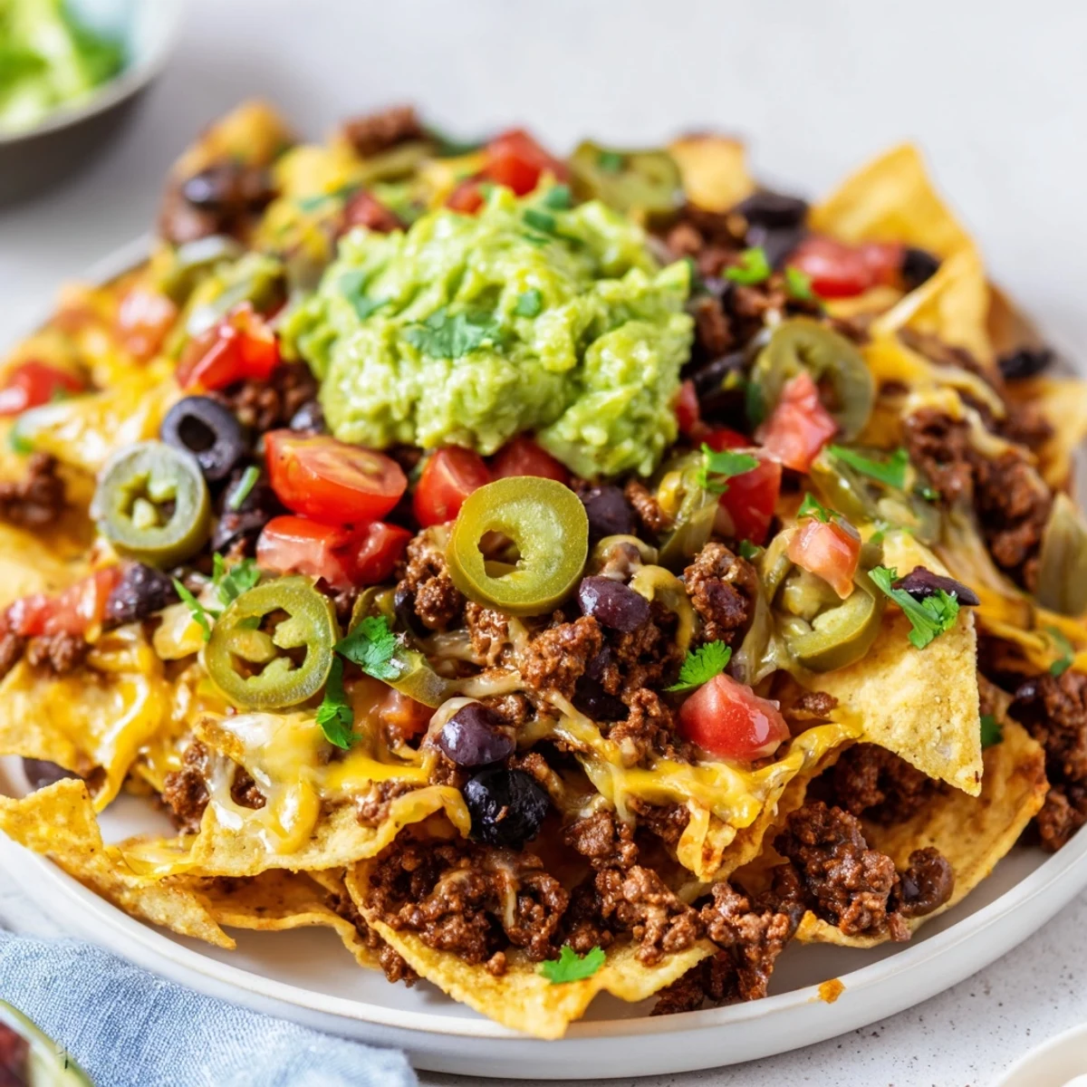 A close-up of spicy beef nachos supreme with melted cheese and fresh toppings, ready to be enjoyed with cool, chunky guacamole.