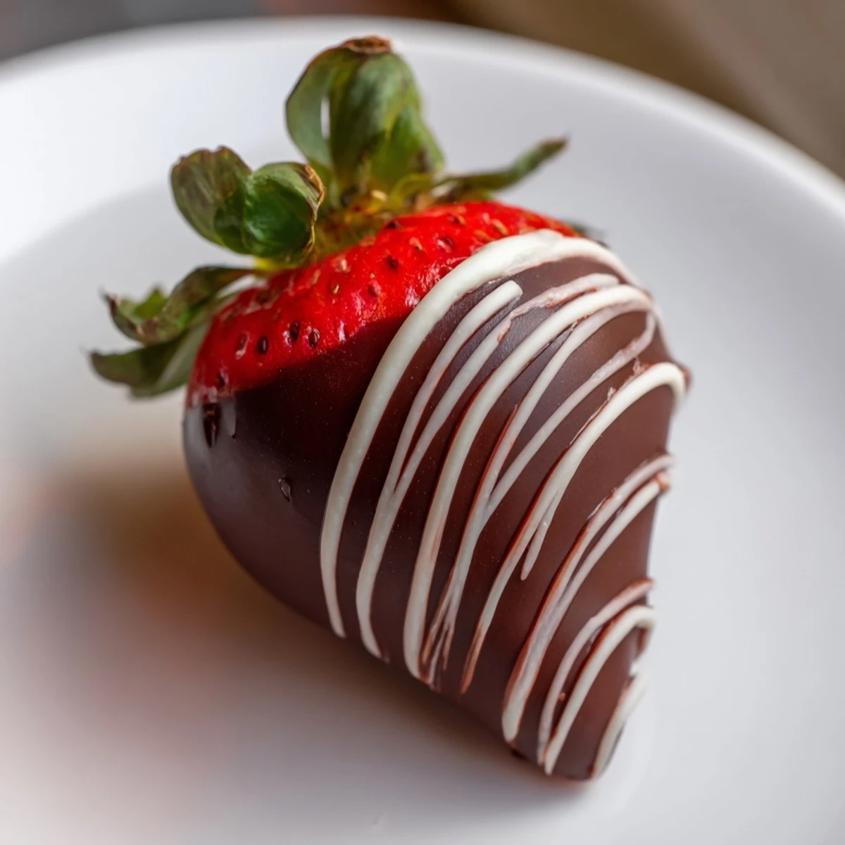 Juicy strawberries dipped in rich dark chocolate, finished with a delicate white chocolate drizzle on a clean white plate.