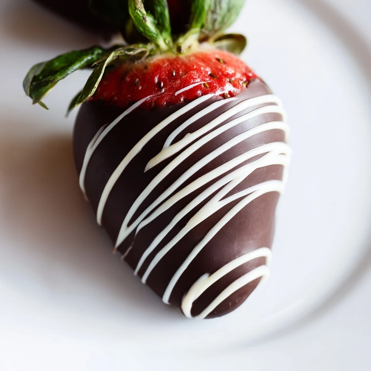 A close-up view of chocolate-dipped strawberries with white chocolate drizzle, ready to serve at a party or gift.