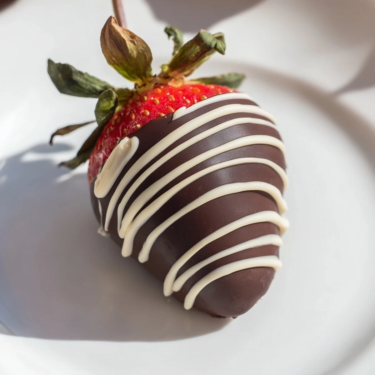 Elegant chocolate-dipped strawberries with white chocolate swirls, perfect for a romantic dessert or special occasion.