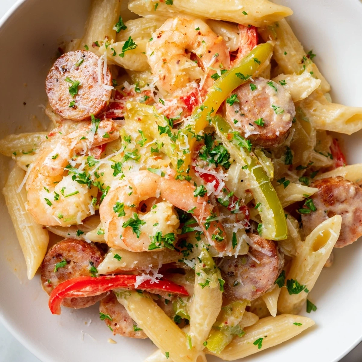 Creamy Cajun Shrimp and Turkey Sausage Pasta served in a white bowl, garnished with fresh parsley and grated Parmesan.