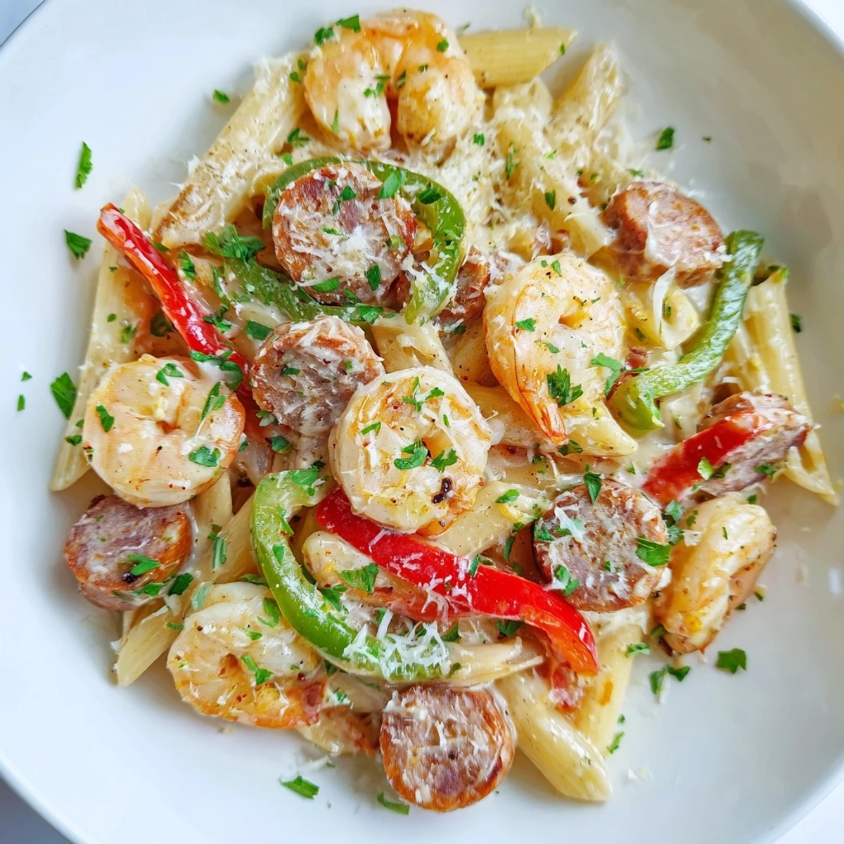 Steaming plate of Creamy Cajun Shrimp and Turkey Sausage Pasta with bell peppers and penne noodles.
