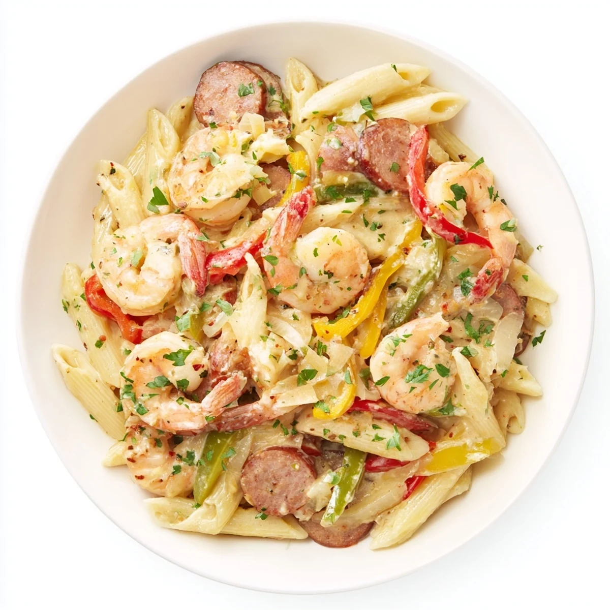 Sizzling skillet of Creamy Cajun Shrimp and Turkey Sausage Pasta, showcasing a rich, creamy sauce.