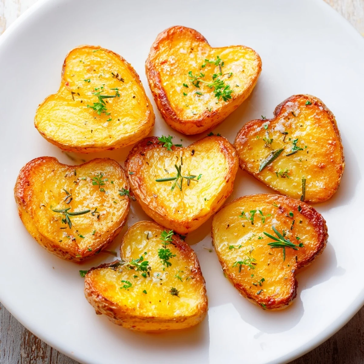 Golden-brown roasted heart-shaped potatoes with garlic herbs glisten on a rustic platter, ready for a romantic meal.