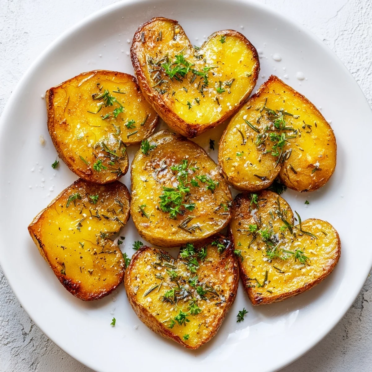 Fragrant rosemary and thyme cling to crispy-edged heart potatoes, baked to perfection and served warm from the oven.