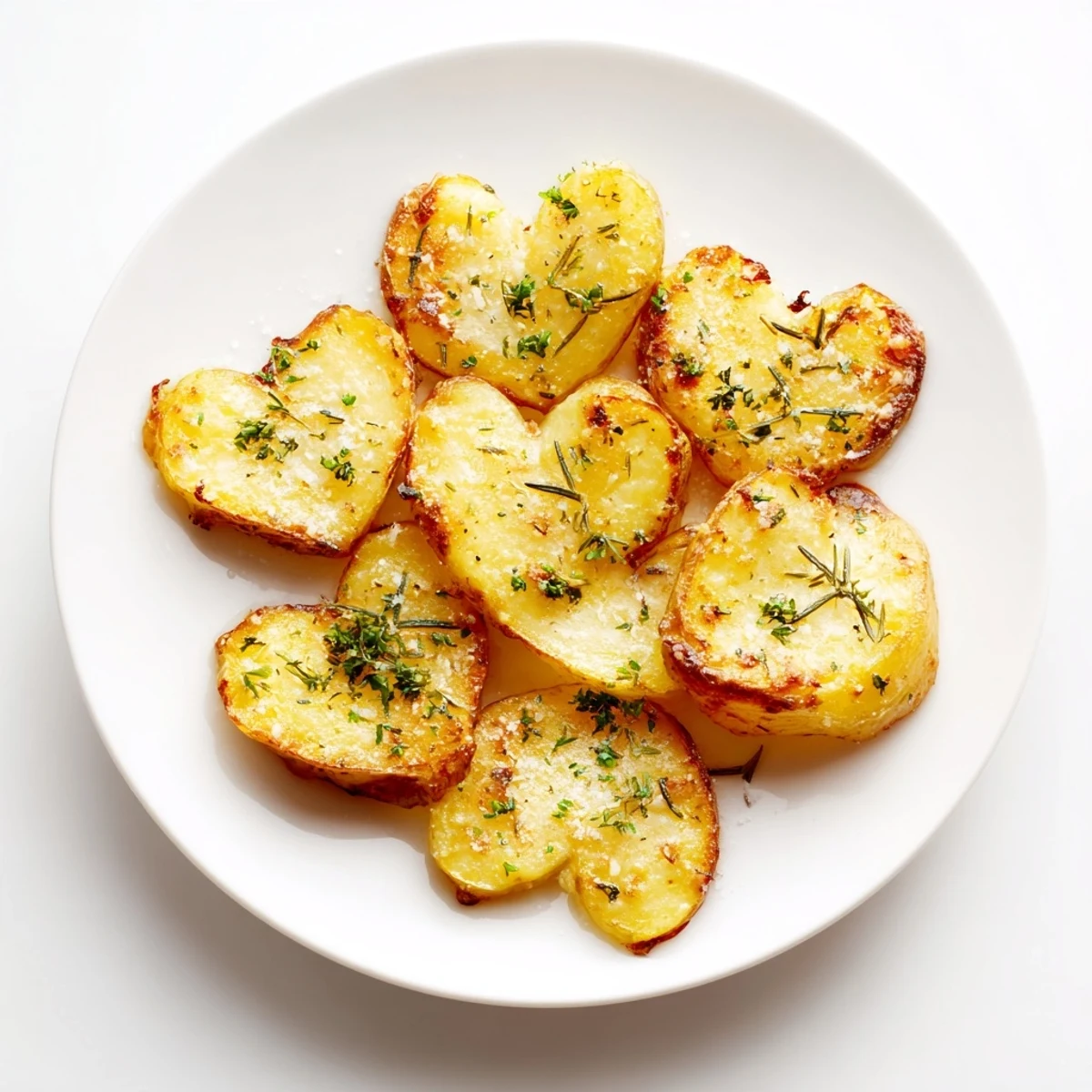 A close-up reveals tender insides of these adorable heart-shaped potatoes, garnished with fresh parsley and flaky sea salt.