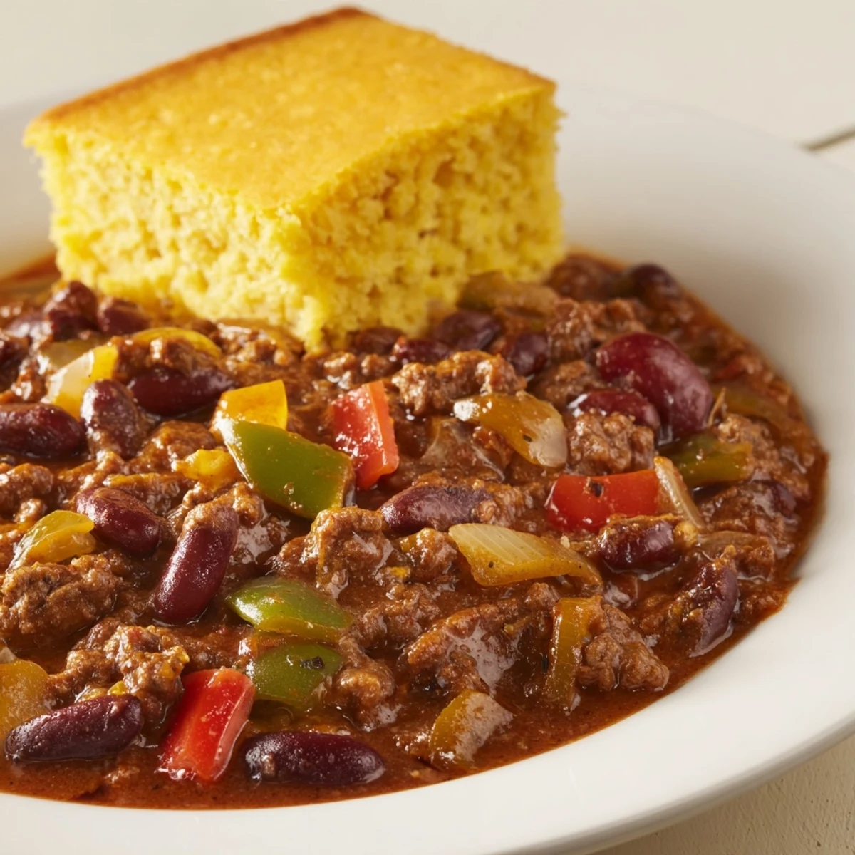A steaming bowl of Game Day Beef Chili topped with cilantro sits beside a slice of golden, cheesy Cheddar Cornbread.