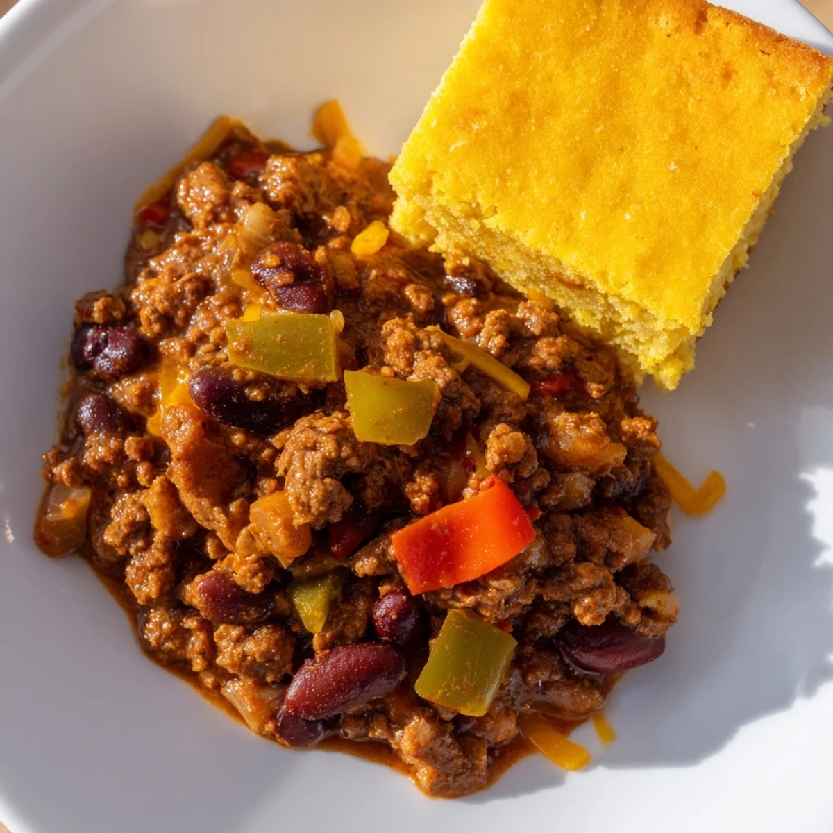 A hearty slice of cheddar cornbread rests next to a spoonful of Game Day Beef Chili, ready for a game day gathering.