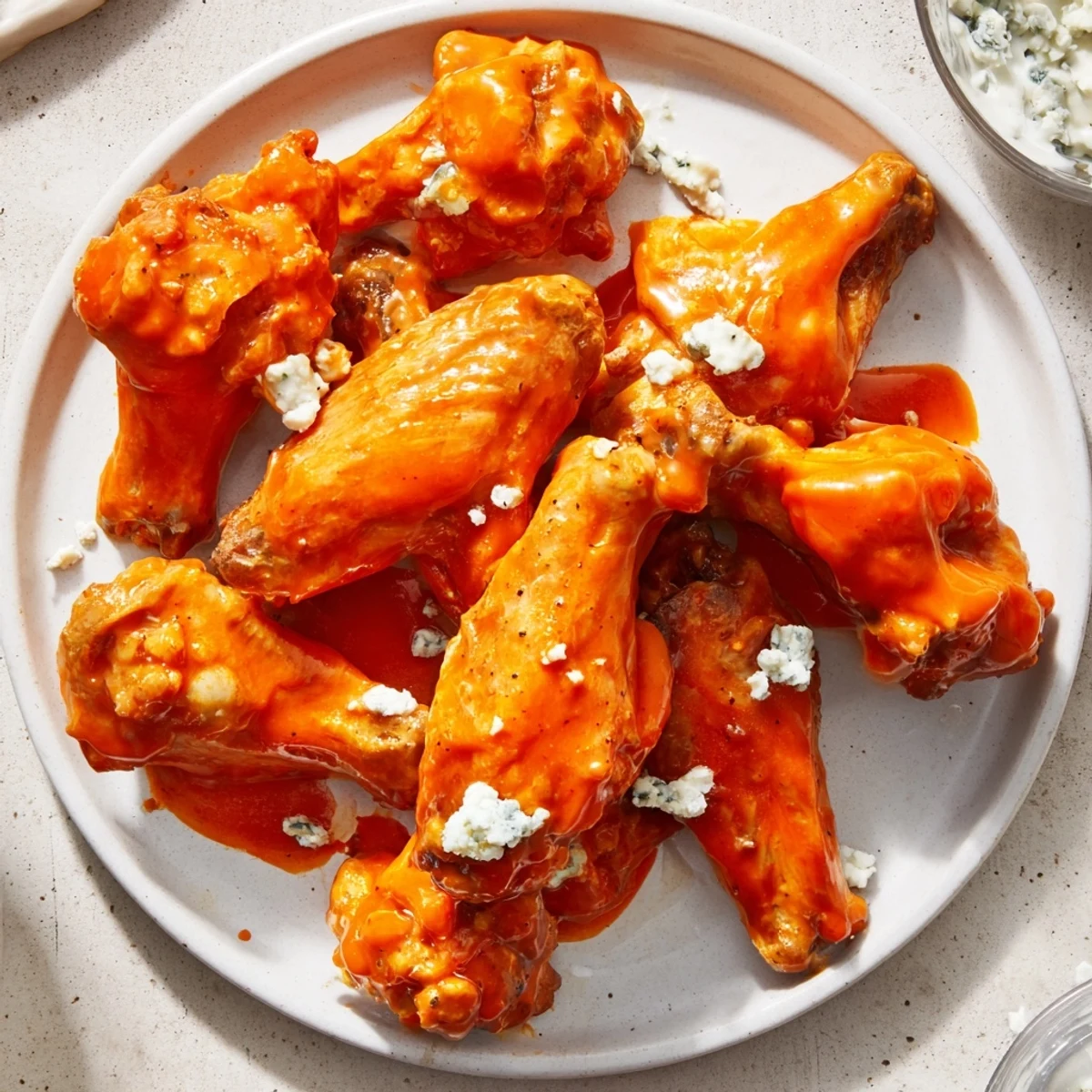 Vibrant buffalo sauce glistens on these Crispy Buffalo Chicken Wings with Blue Cheese Dip, a classic game day snack.