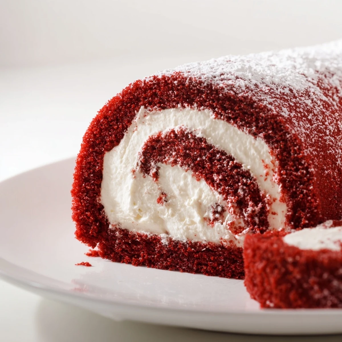 Moist red velvet cake roll sliced to show creamy filling, ideal for holiday parties and easy entertaining in American homes.  