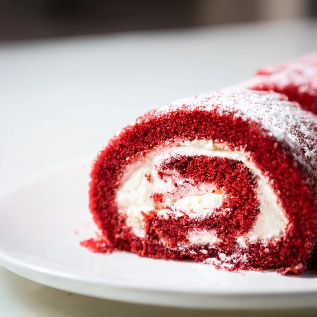 A beautiful Red Velvet Cake Roll with cream cheese filling, dusted in powdered sugar and ready to serve for celebrations.
