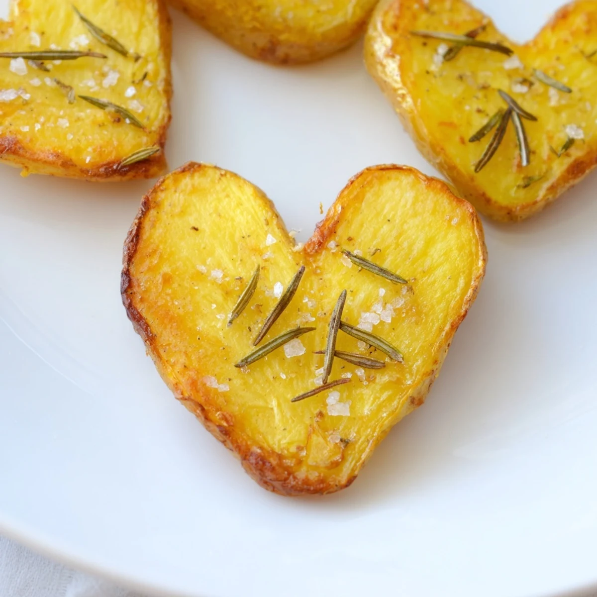 Golden brown heart-shaped potatoes roasted with rosemary on a rustic wooden serving board, crispy edges visible.