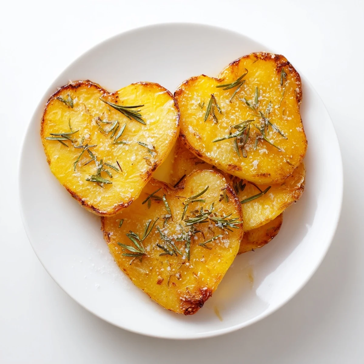 Heart-shaped potatoes with rosemary garnish on a white plate, perfect for Valentine's Day side dishes.