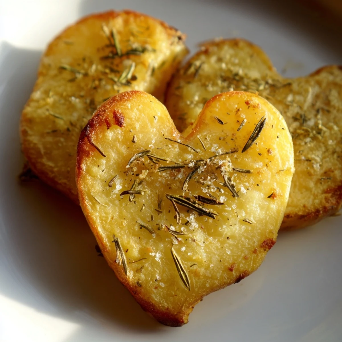 Close-up of crispy roasted heart-shaped potatoes with fresh rosemary, fluffy inside and golden outside.