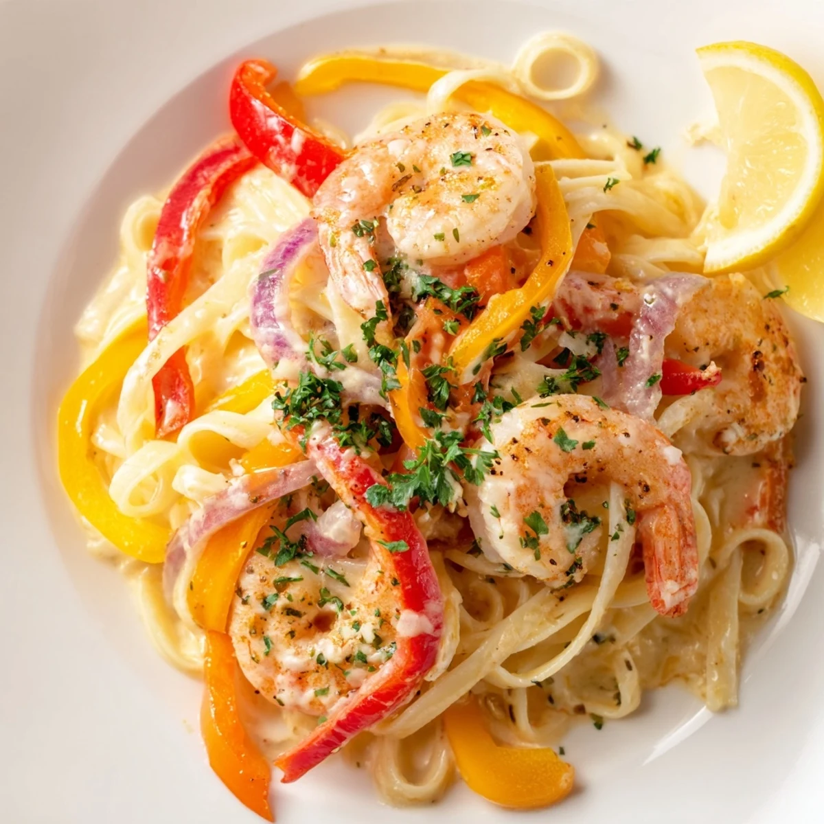 A bowl of creamy Cajun shrimp pasta with bell peppers, garnished with parsley and lemon wedges.
