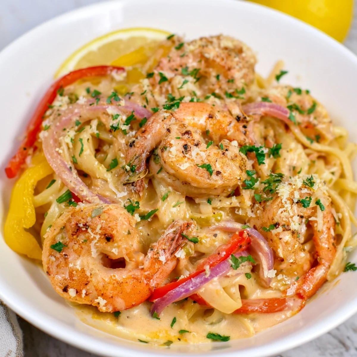 Cajun shrimp pasta featuring seared shrimp and colorful bell peppers in a rich, creamy sauce.