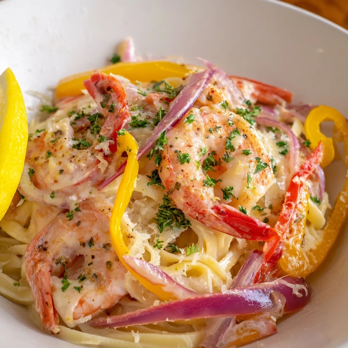 Sizzling skillet of creamy Cajun shrimp pasta with bell peppers, ready to serve for dinner.