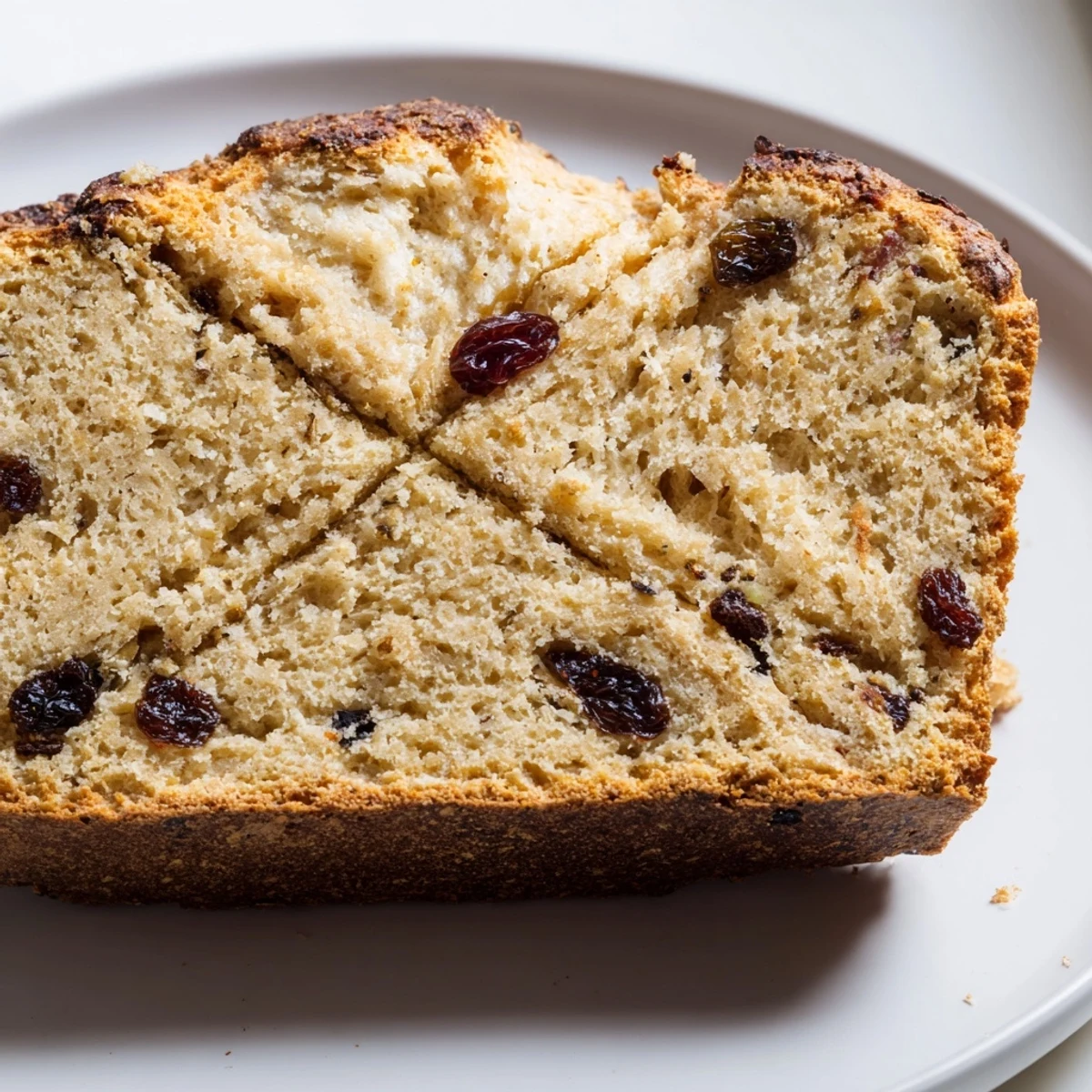 Freshly sliced Irish Soda Bread with Currants and Caraway Seeds, revealing a tender crumb packed with sweet currants and aromatic caraway seeds.