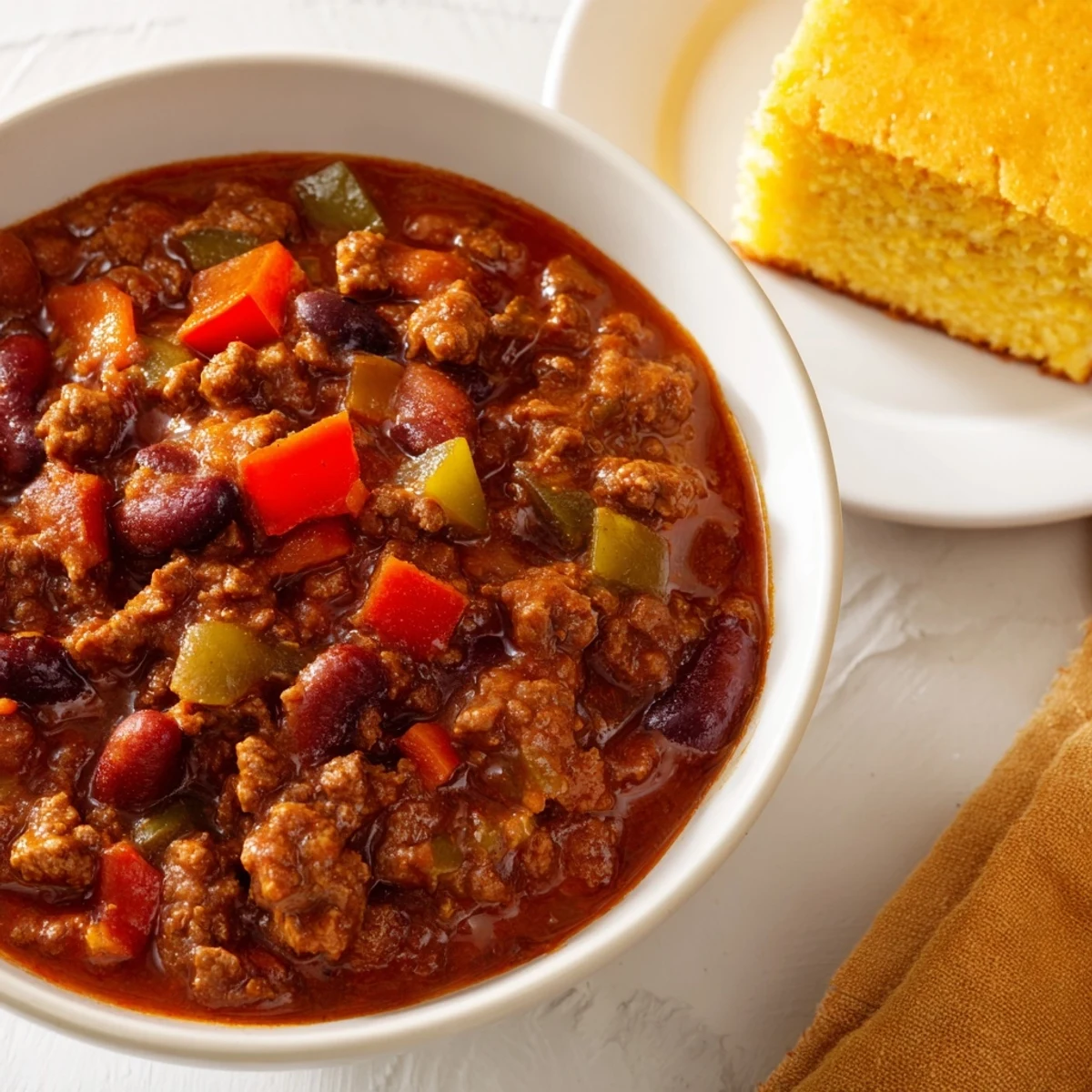 A hearty bowl of Game Day Beef Chili with a square of golden, cheesy cornbread and a dollop of sour cream.