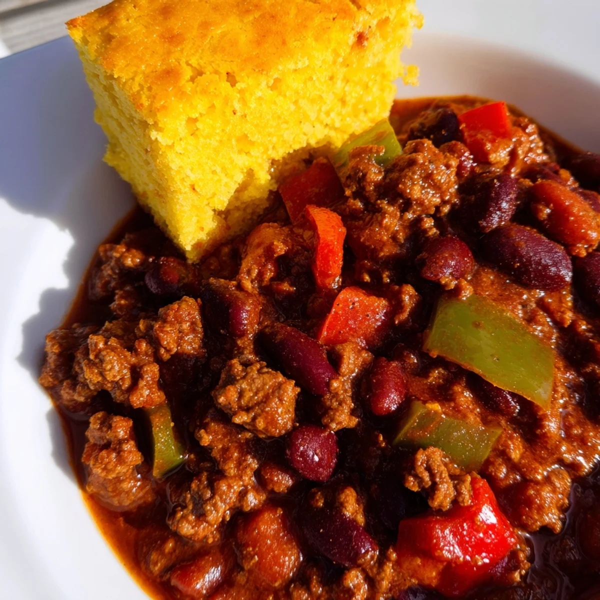 A rustic cast iron bowl of Game Day Beef Chili is topped with green onions and paired with cheesy cornbread.