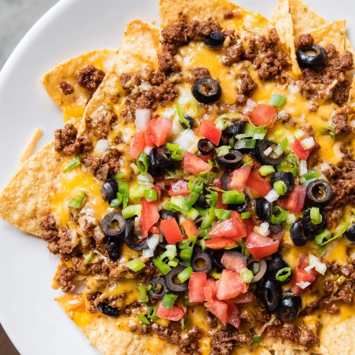 A loaded platter of Spicy Beef Nachos Supreme with Fresh Guacamole, featuring black beans and rich avocado on crispy chips.