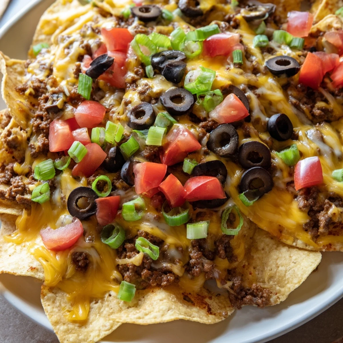 Freshly baked Spicy Beef Nachos Supreme with Fresh Guacamole served hot with sour cream and a lime wedge.